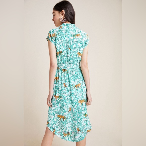 Maeve by Anthropologie Catherine Tiger Print Shirtdress  Green Button Front 6P - Picture 3 of 8